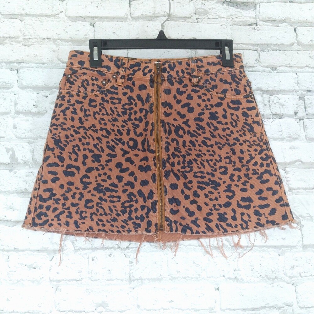 We the Free Womens Skirt 26 Animal Print Zip Up Raw Hem Free People